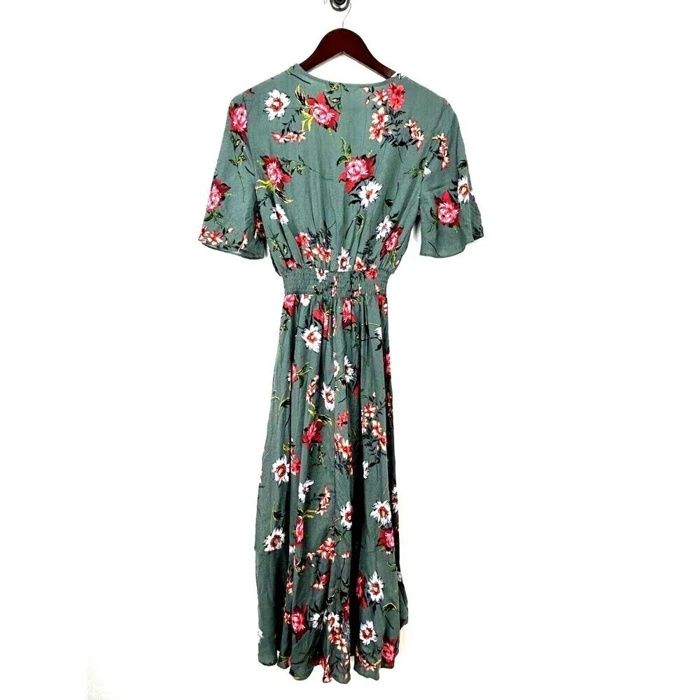 New KorMei Women M Maxi Dress Blue V Neck Short Sleeve Floral High Low Flowy R - Picture 4 of 13